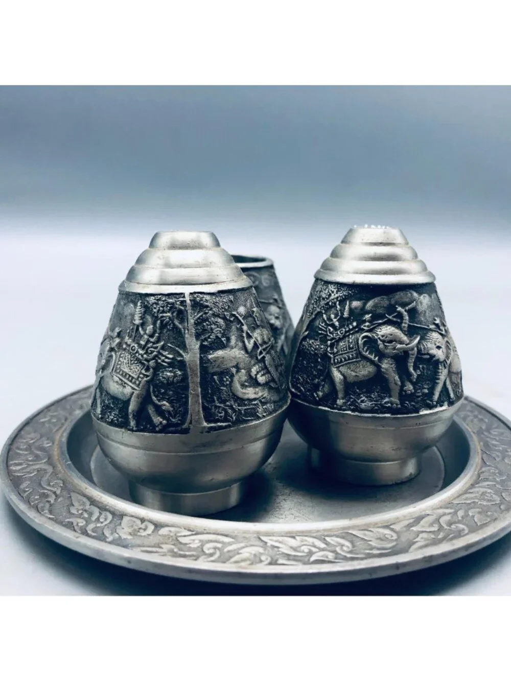 vintage Thailand metal salt & pepper shaker tooth pick holder tray elephant